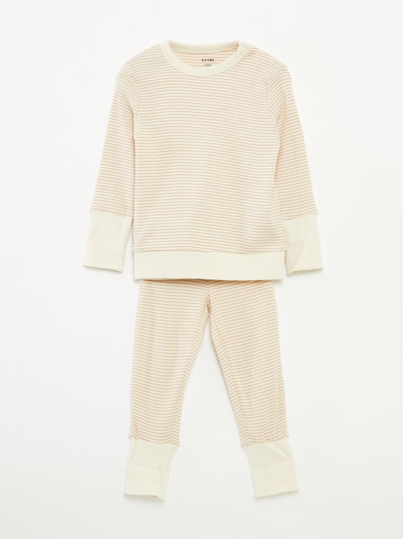 Lange pyjama - T-shirt + broek met strepenmotief - 2-delig Biege - Kiabi