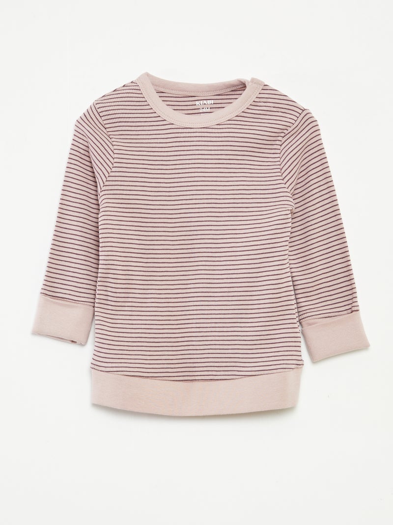Lange pyjama - T-shirt + broek met strepenmotief - 2-delig Paars - Kiabi
