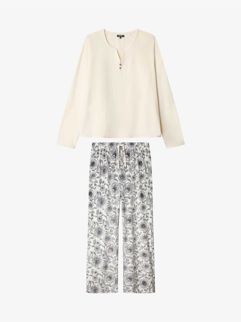 Lange pyjama met contrasterende bedrukte broek. Beige - Kiabi