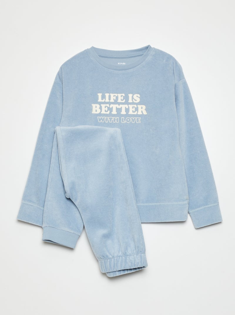 Lange pyjama met fluwelen opdruk - 2-delig BLAUW - Kiabi