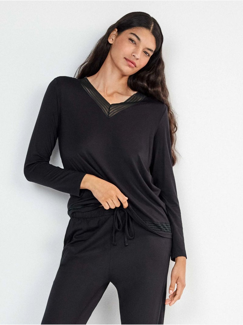 Lange pyjama met galon detail Zwart - Kiabi