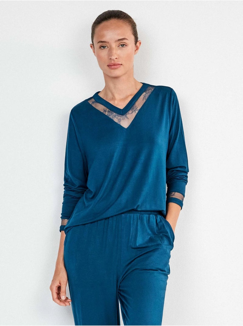 Lange pyjama met kantdetail Blauw - Kiabi