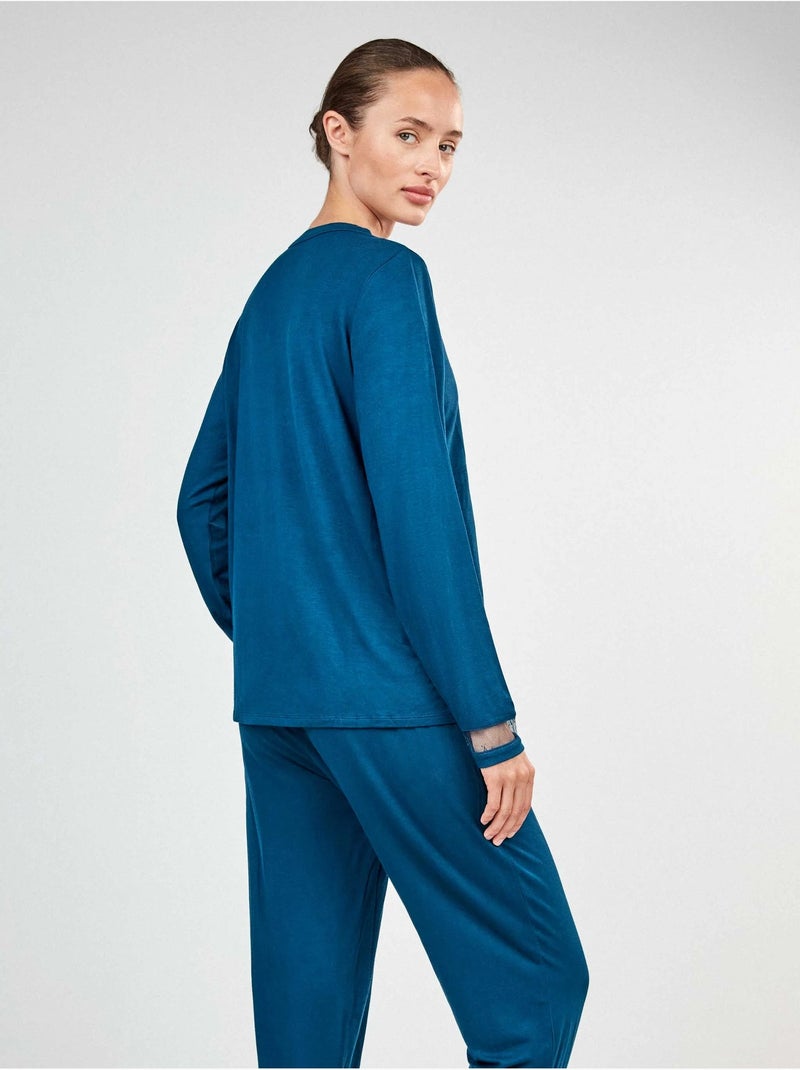 Lange pyjama met kantdetail Blauw - Kiabi