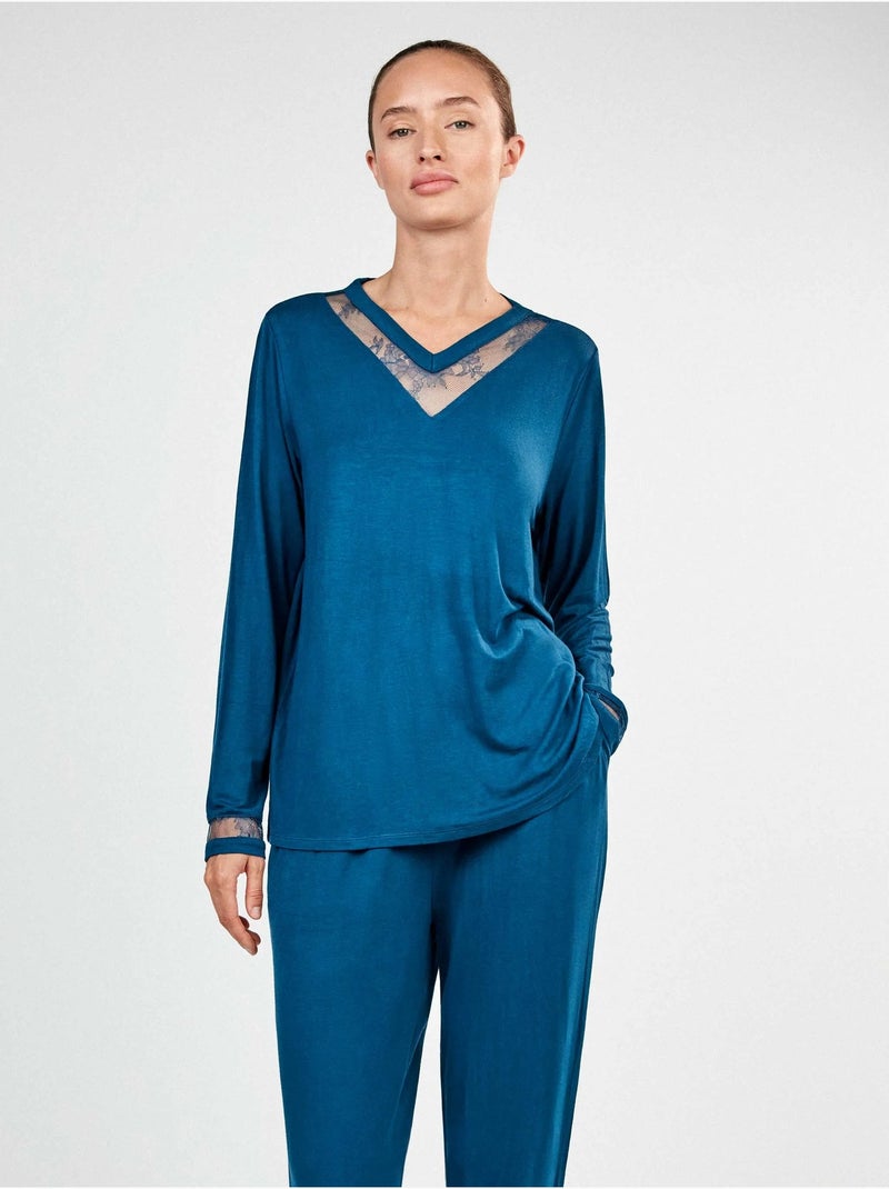 Lange pyjama met kantdetail Blauw - Kiabi