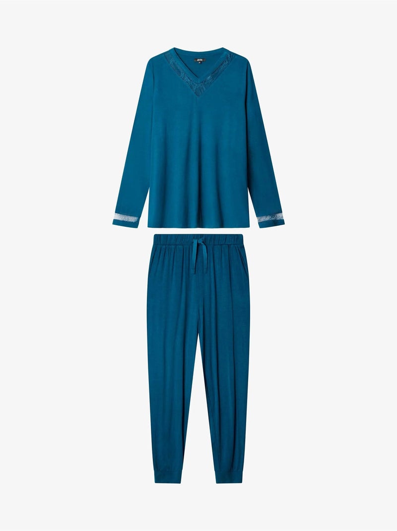 Lange pyjama met kantdetail Blauw - Kiabi