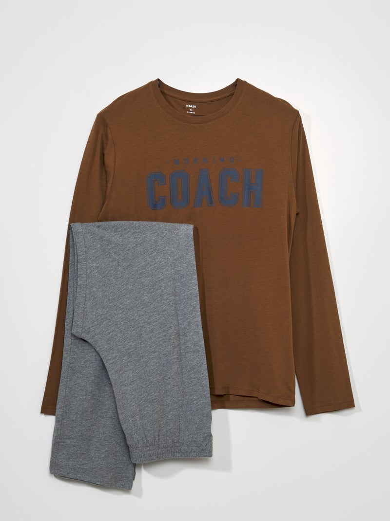 Lange pyjama met opschrift 'morning coach' - 2-delig BRUIN - Kiabi