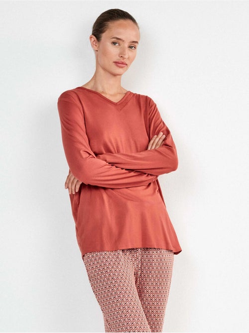 Lange pyjama met v-hals met tule en microgeometrische broek - Kiabi Lange pyjama met v-hals met tule en microgeometrische broek - Kiabi
