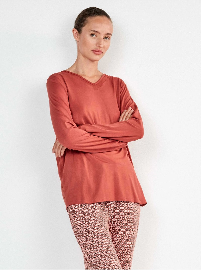 Lange pyjama met v-hals met tule en microgeometrische broek Terracotta - Kiabi