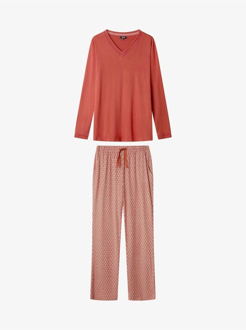 Lange pyjama met v-hals met tule en microgeometrische broek - Kiabi Lange pyjama met v-hals met tule en microgeometrische broek - Kiabi