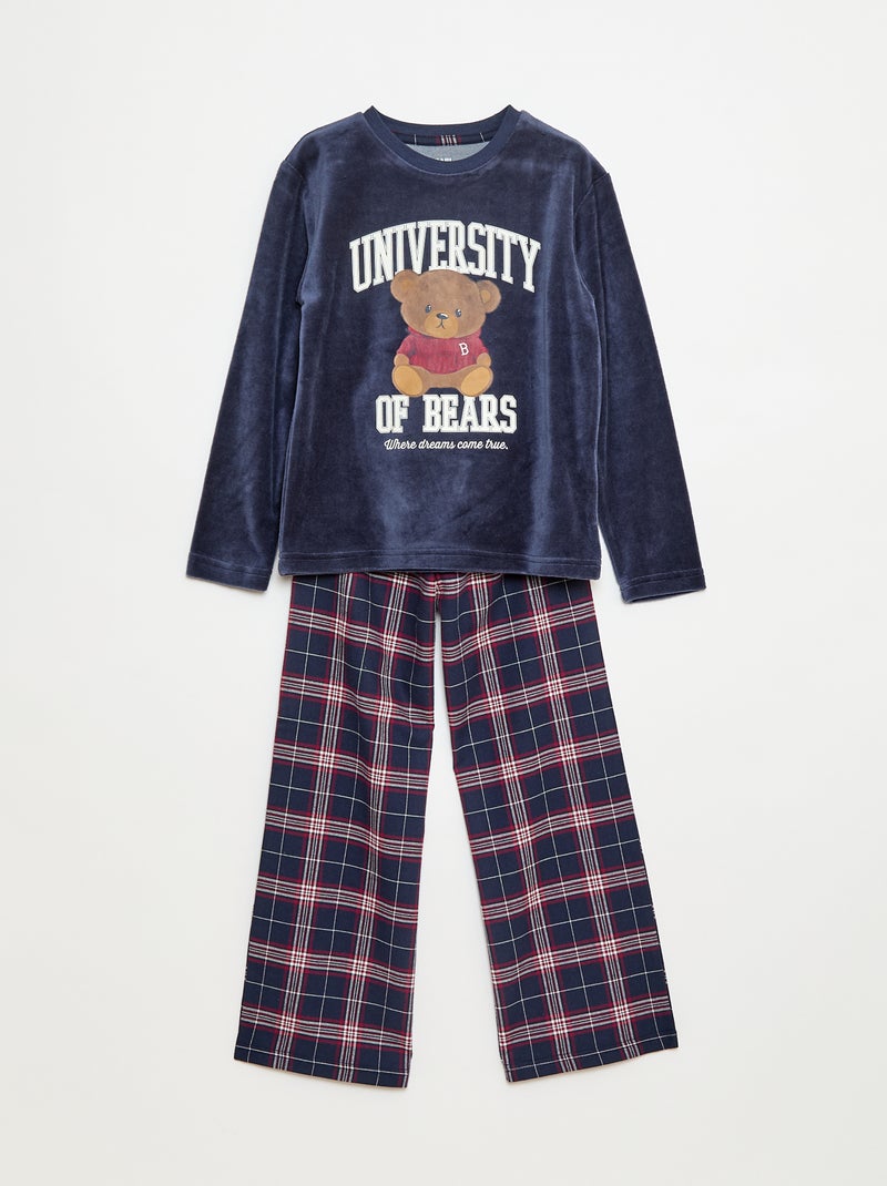 Lange pyjama van fleecestof - T-shirt + broek - 2-delig Blauw - Kiabi