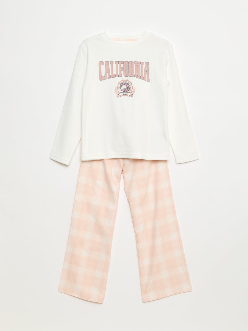Lange pyjama van fleecestof - T-shirt + broek - 2-delig Wit - Kiabi
