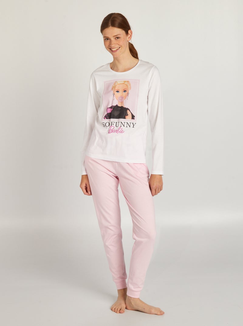 Lange pyjama van jersey 'Barbie' - 2-delig wit / roze - Kiabi