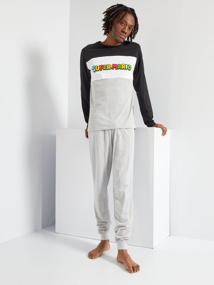 Lange pyjama van jersey met Super Mario-print - 2-delig zwart / grijs - Kiabi
