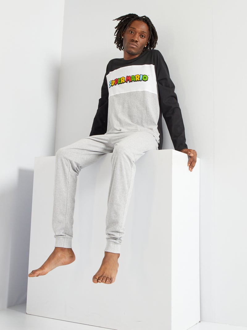 Lange pyjama van jersey met Super Mario-print - 2-delig zwart / grijs - Kiabi