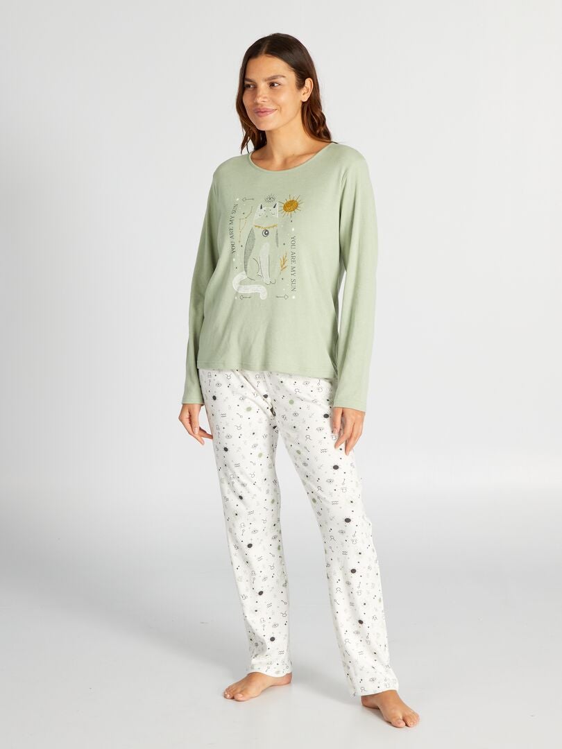 Lange pyjama van jersey met T-shirt + broek - 2-delig GROEN - Kiabi