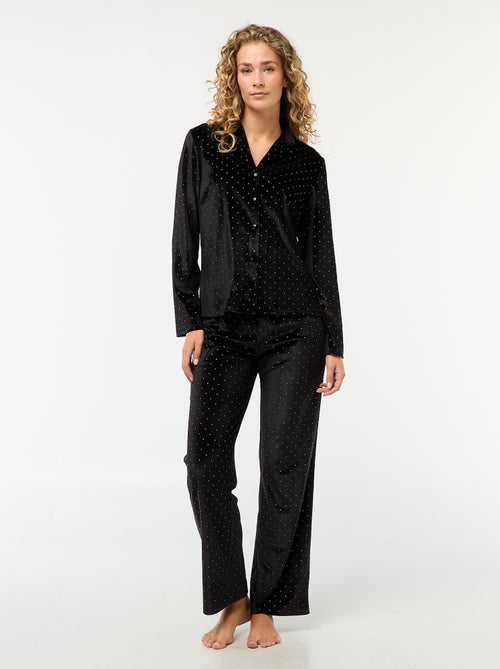Lange pyjama van velours met goudkleurig stipjesmotief - 2-delig - Kiabi
