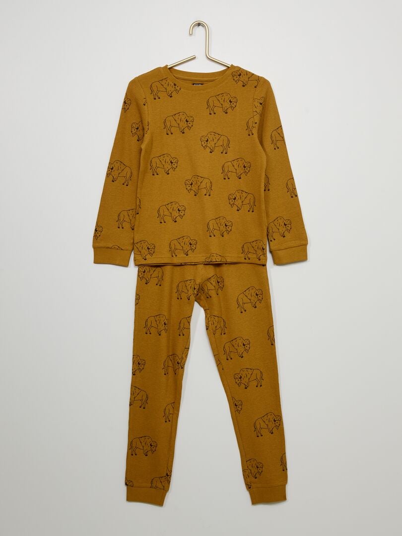Lange pyjama van wafelstof BRUIN - Kiabi