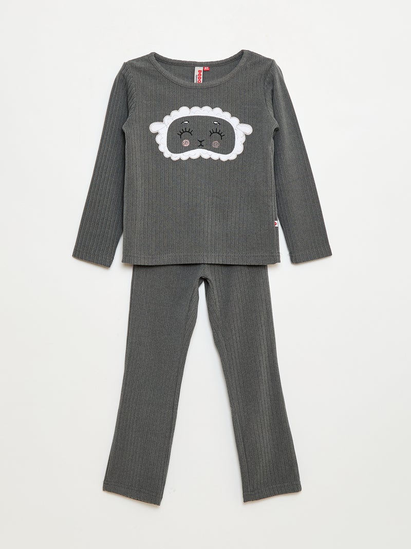 Lange pyjama van zachte ribstof - T-shirt + broek - 2-delig Grijs - Kiabi