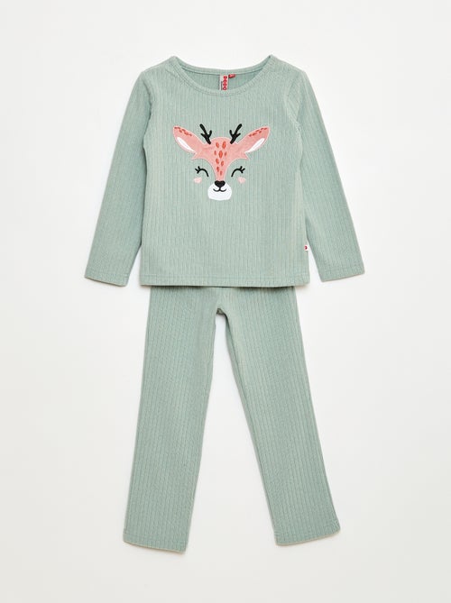 Lange pyjama van zachte ribstof - T-shirt + broek - 2-delig - Kiabi