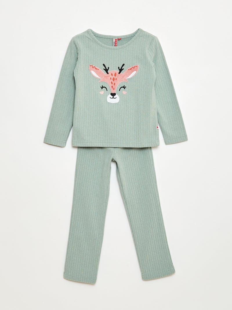 Lange pyjama van zachte ribstof - T-shirt + broek - 2-delig Groen - Kiabi
