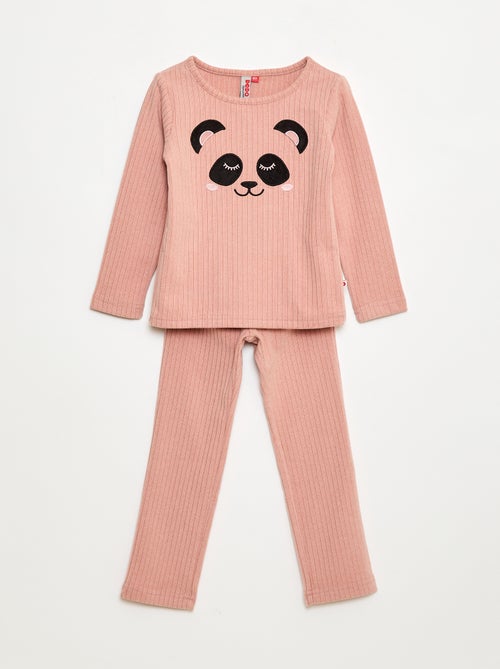 Lange pyjama van zachte ribstof - T-shirt + broek - 2-delig - Kiabi
