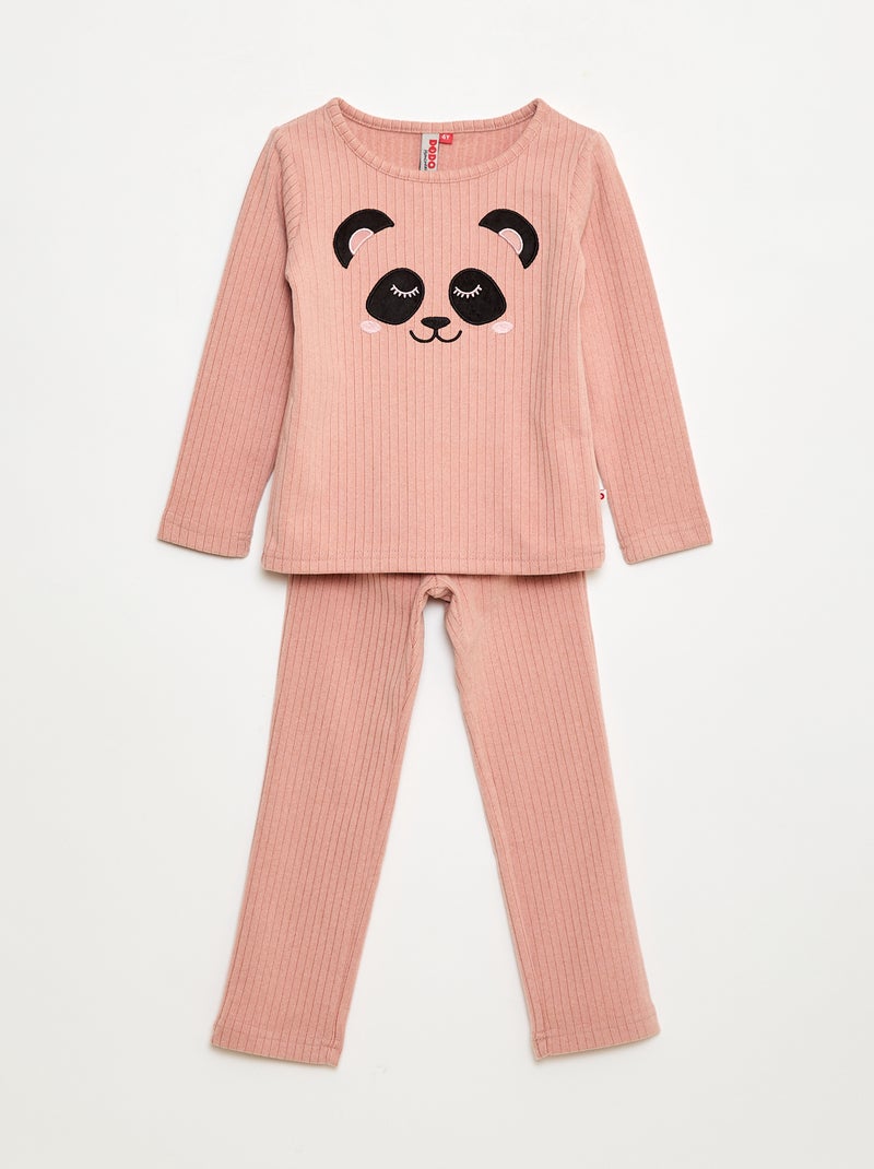 Lange pyjama van zachte ribstof - T-shirt + broek - 2-delig Rose - Kiabi