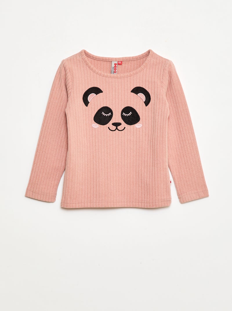 Lange pyjama van zachte ribstof - T-shirt + broek - 2-delig Rose - Kiabi