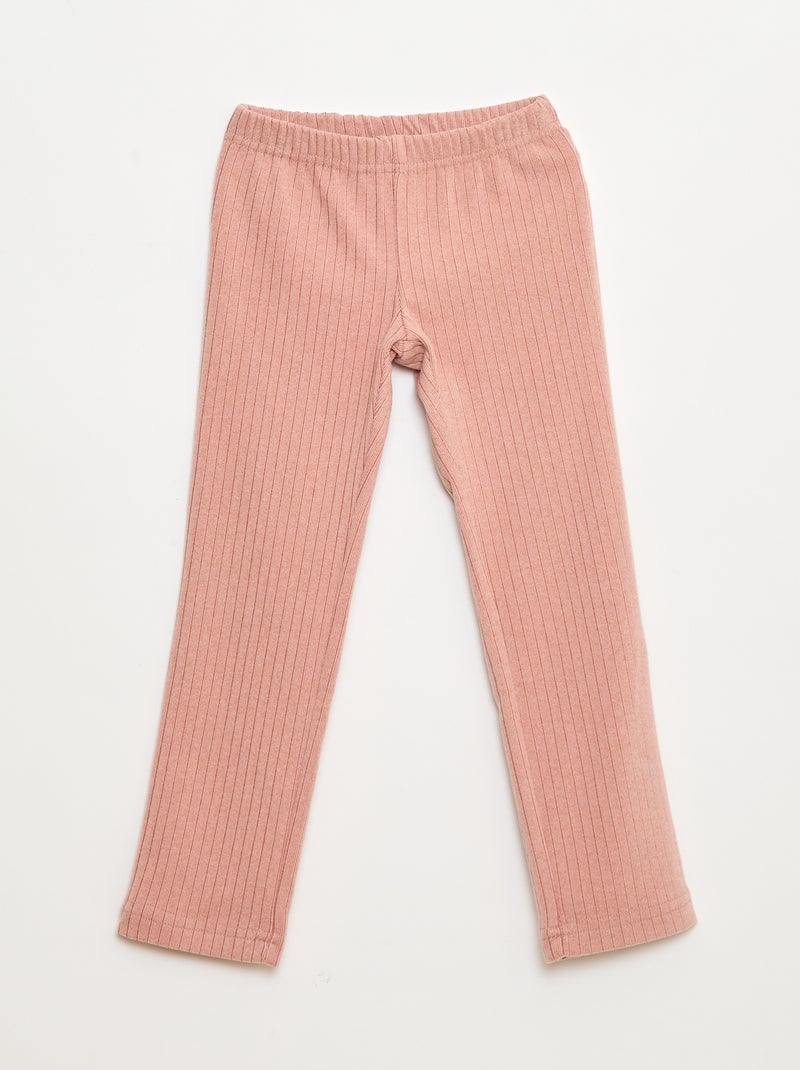 Lange pyjama van zachte ribstof - T-shirt + broek - 2-delig Rose - Kiabi
