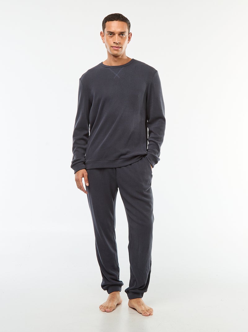 Lange pyjama van zachte wafelstof - 2-delig Blauw - Kiabi
