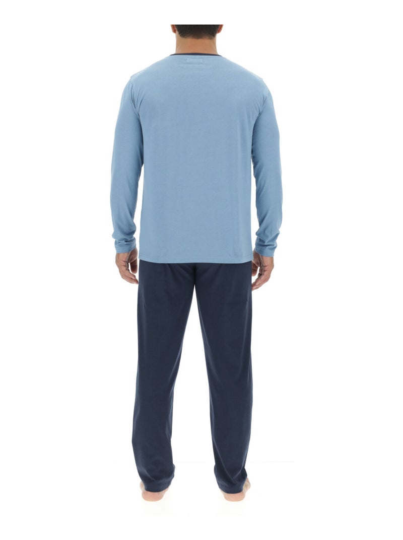 Lange pyjamaset voor heren van effen katoen met logo op de borst. Blauw - Kiabi