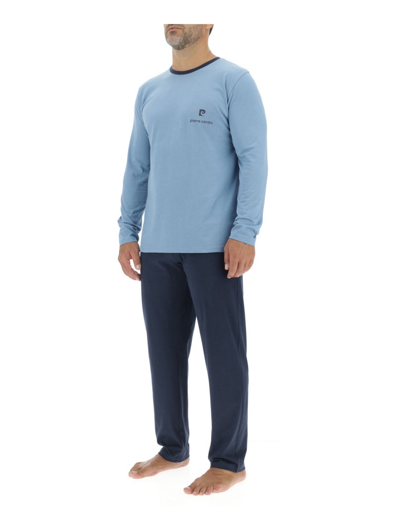 Lange pyjamaset voor heren van effen katoen met logo op de borst. Blauw - Kiabi