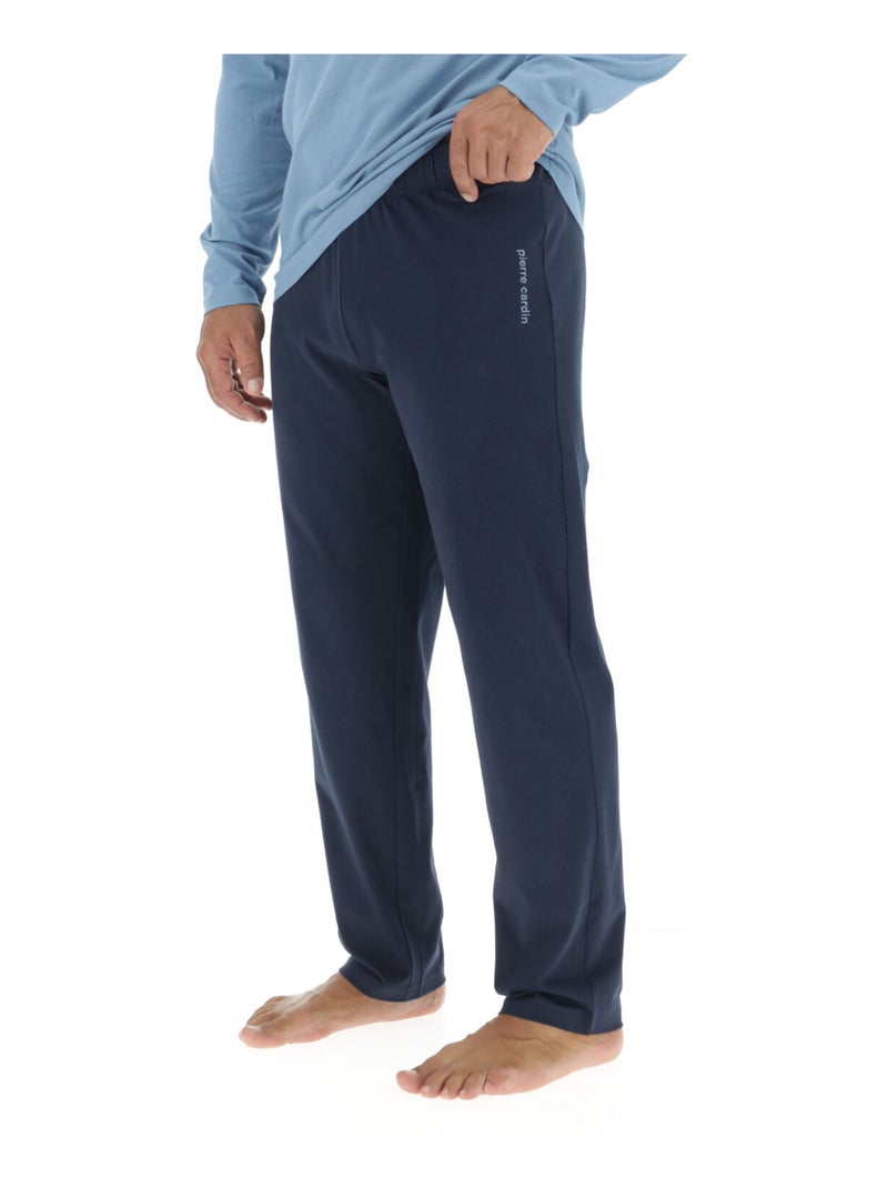 Lange pyjamaset voor heren van effen katoen met logo op de borst. Blauw - Kiabi