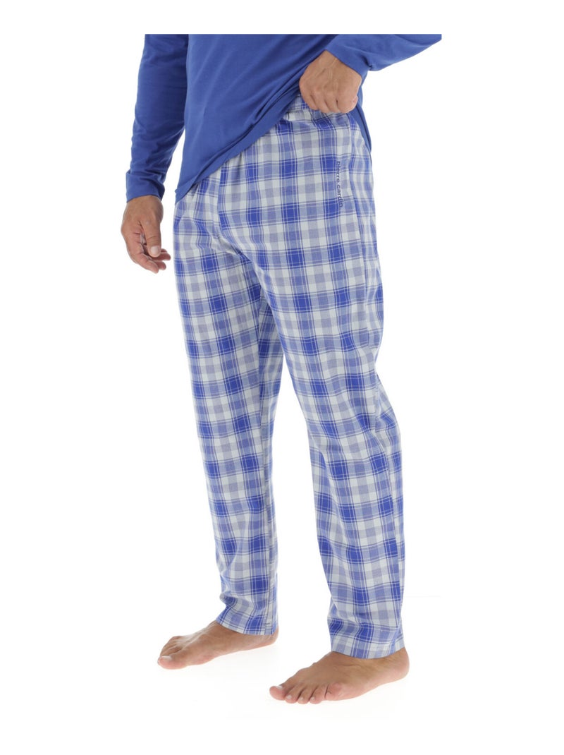 Lange pyjamaset voor heren van geruite poplin met logo op de borst. Blauw - Kiabi