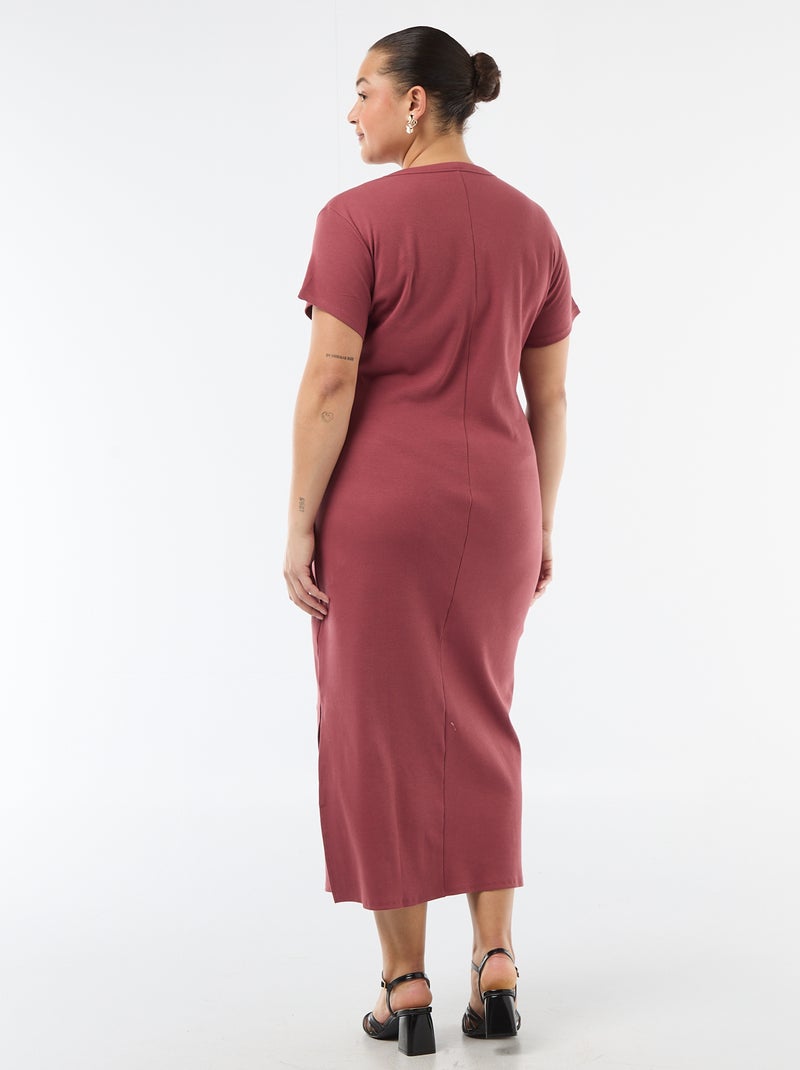 Lange ribgebreide jurk met korte mouwen Rood - Kiabi