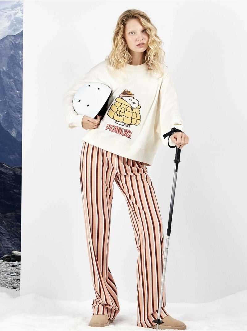 Lange snoopy pyjama met gestreepte broek Ecru - Kiabi