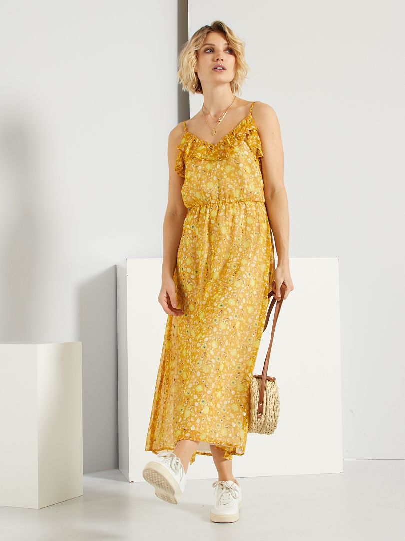 Lange, soepelvallende jurk met print GEEL - Kiabi