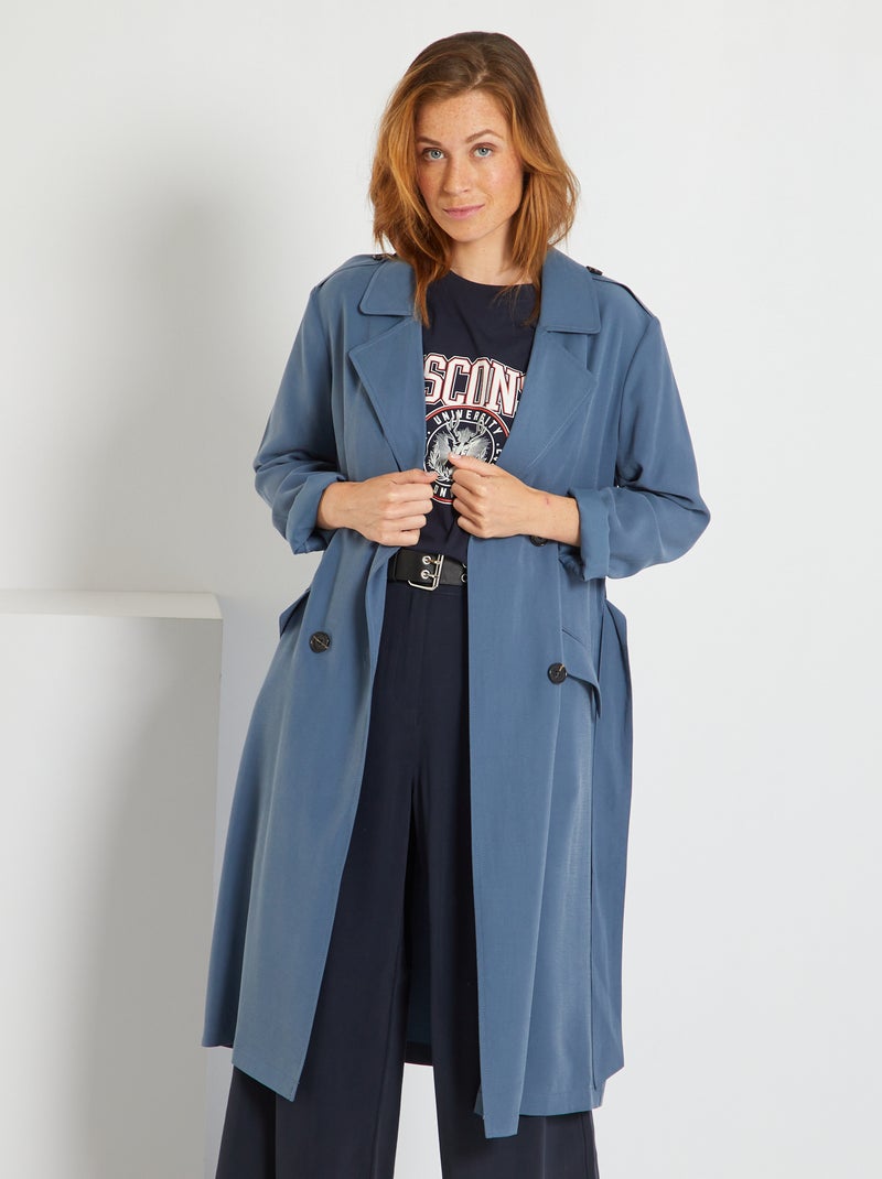 Lange, soepelvallende trenchcoat met riem BLAUW - Kiabi