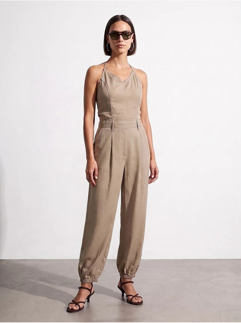 Lange tencel jumpsuit met halternek dilvin Klei-beige - Kiabi