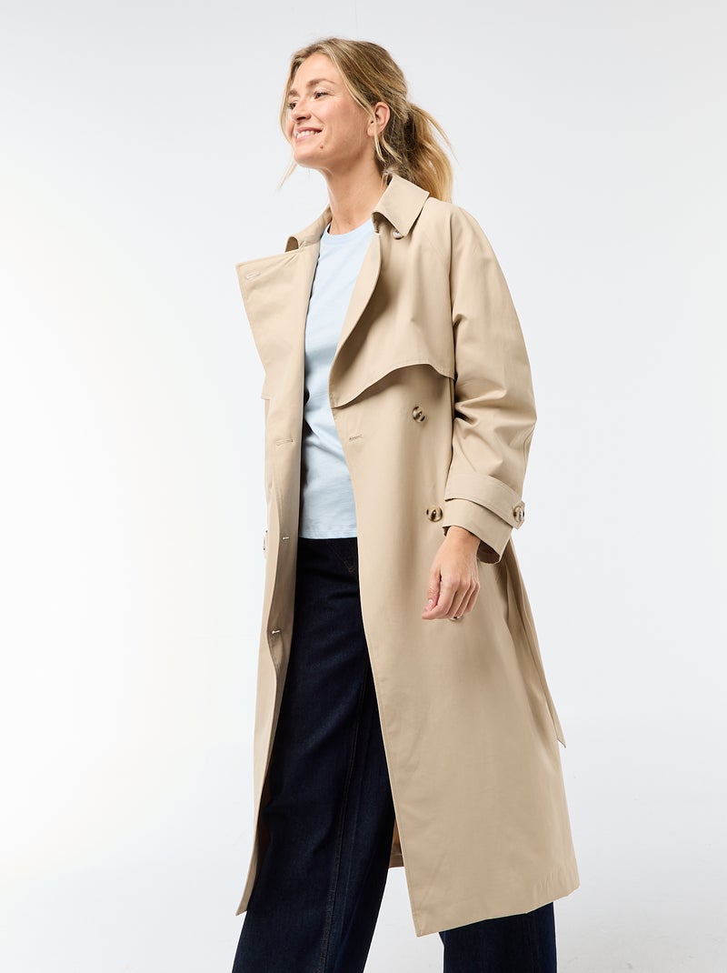 Lange trenchcoat met dubbele knoopsluiting Biege - Kiabi