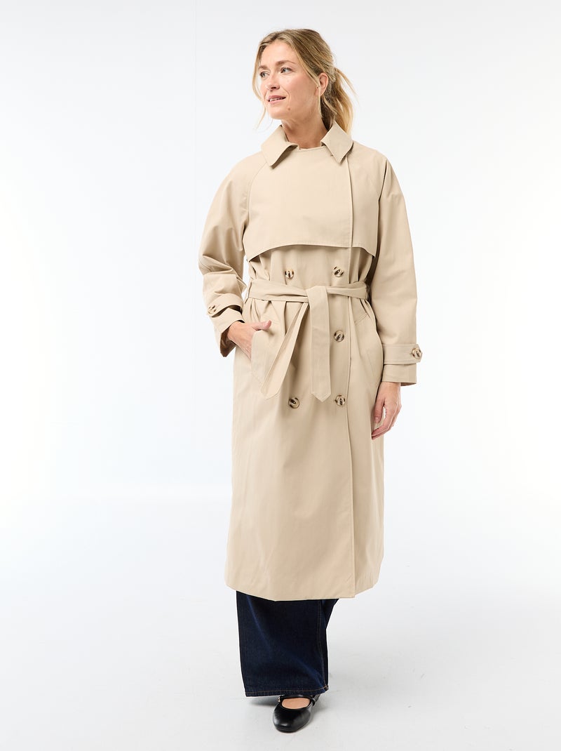 Lange trenchcoat met dubbele knoopsluiting Biege - Kiabi