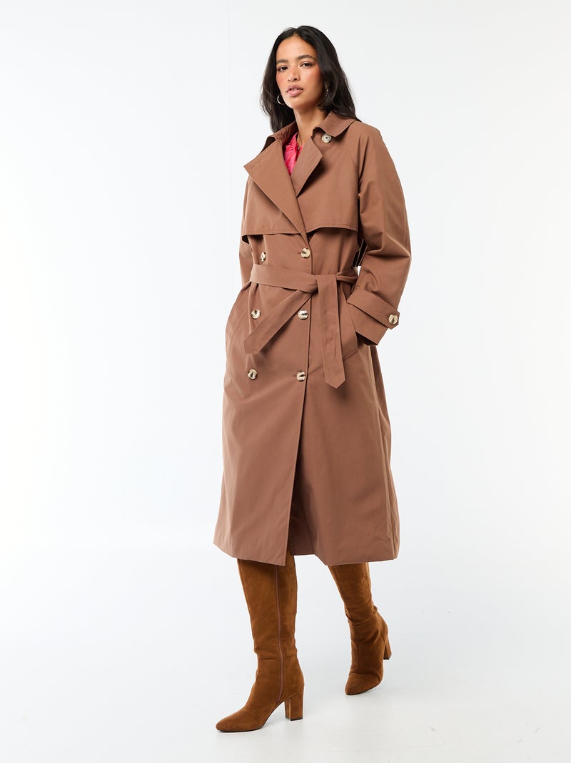 Lange trenchcoat met dubbele knoopsluiting Bruin - Kiabi