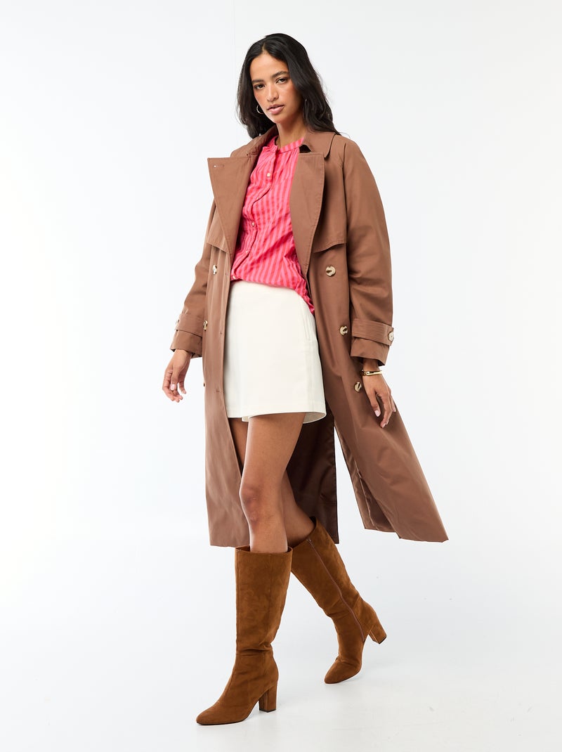 Lange trenchcoat met dubbele knoopsluiting Bruin - Kiabi