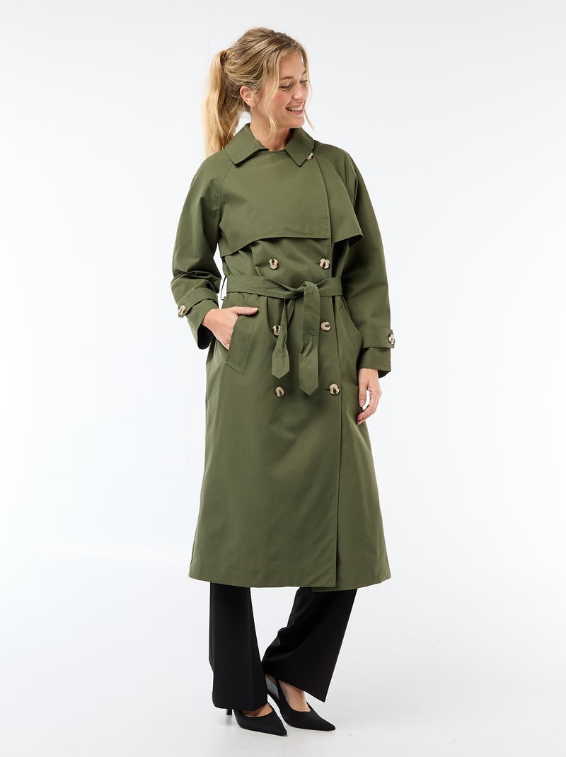 Lange trenchcoat met dubbele knoopsluiting Groen - Kiabi