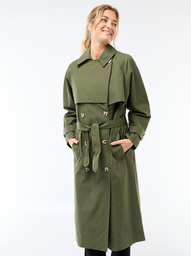 Lange trenchcoat met dubbele knoopsluiting Groen - Kiabi