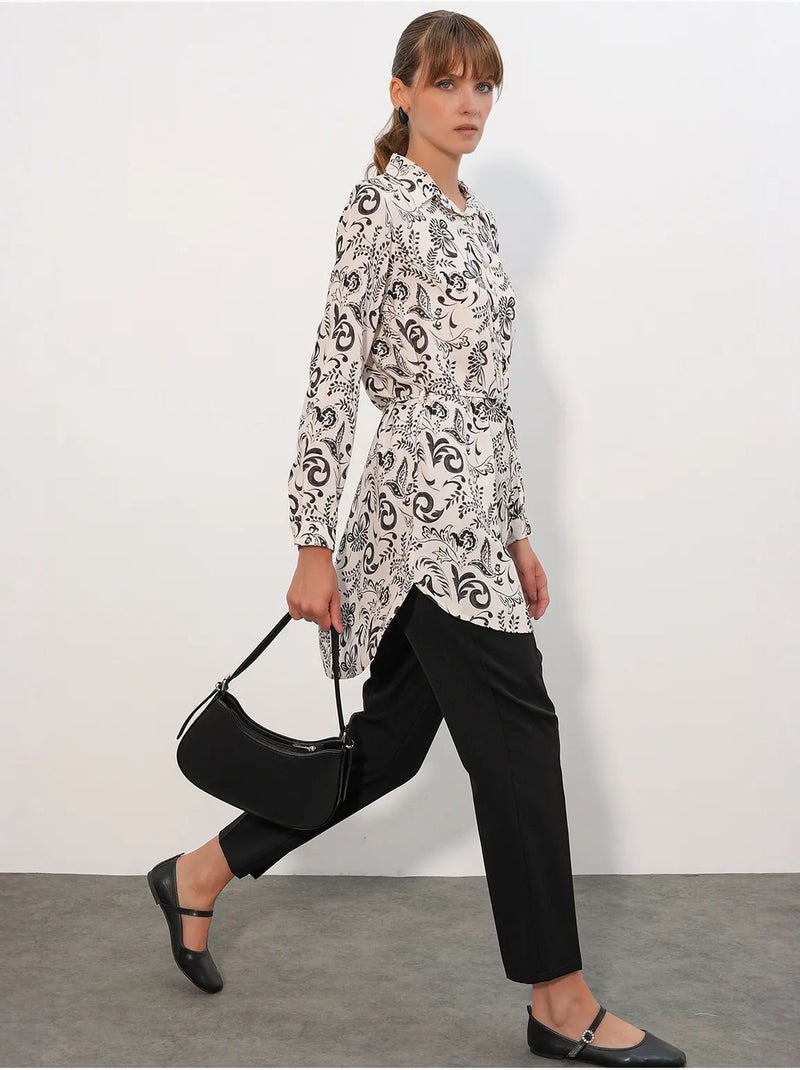 Lange viscose crêpe blouse met bloemenprint en ceintuur bdart Gebroken wit - Kiabi