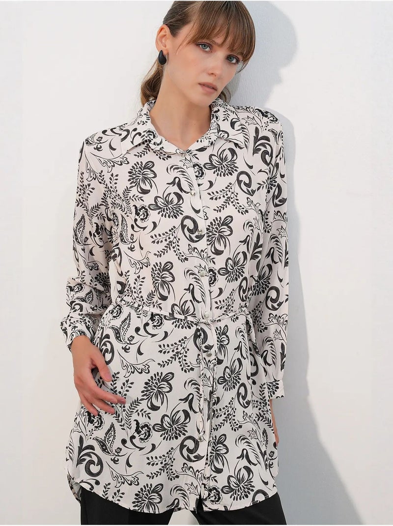Lange viscose crêpe blouse met bloemenprint en ceintuur bdart Gebroken wit - Kiabi