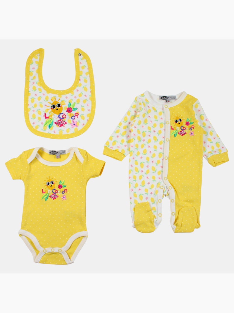 Lee Cooper - Lot de 3 pièces comprenant body, grenouillère et bavoir avec motifs Jaune - Kiabi