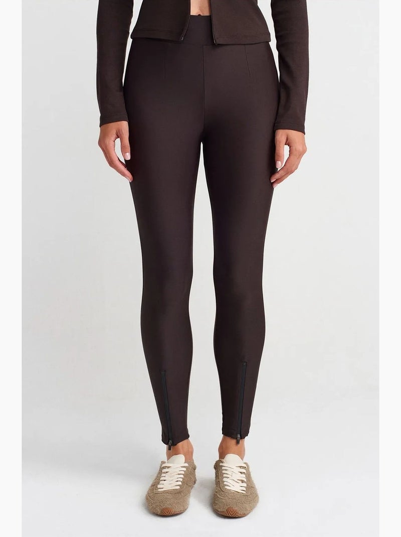 Legging à taille haute, jambe skinny et fermeture zippée dilvin Marron chocolat - Kiabi