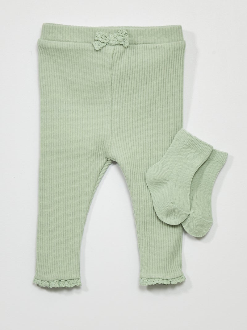 Legging + chaussettes en maille côtelée - 2 pièces Vert - Kiabi