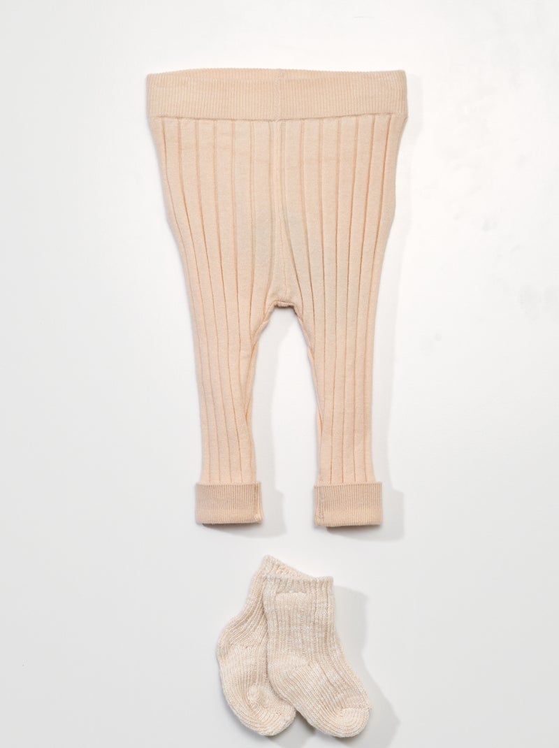 Legging en maille côtelée + chaussettes - 2 pièces Rose - Kiabi